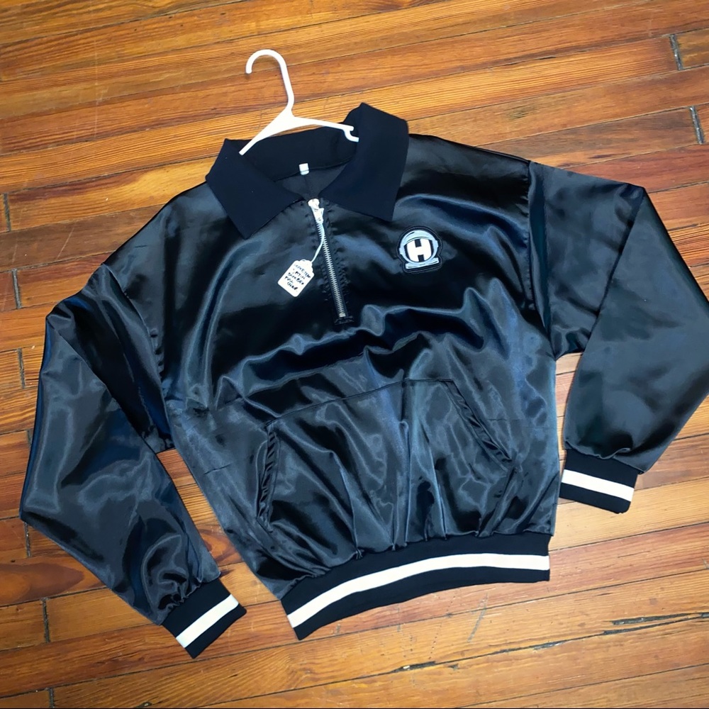 “HOMETEAM” Black Satin Pull Over Varsity Half Zip Jacket w/Pockets